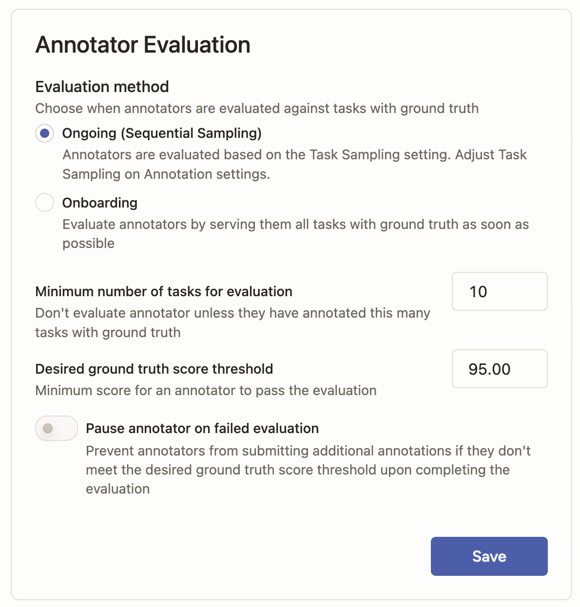 Screenshot of evaluation settings